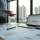 Arquiteto em escritório analisando projeto e planilha financeira lado a lado