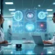 Equipe médica observando tela holográfica com exames analisados por inteligência artificial