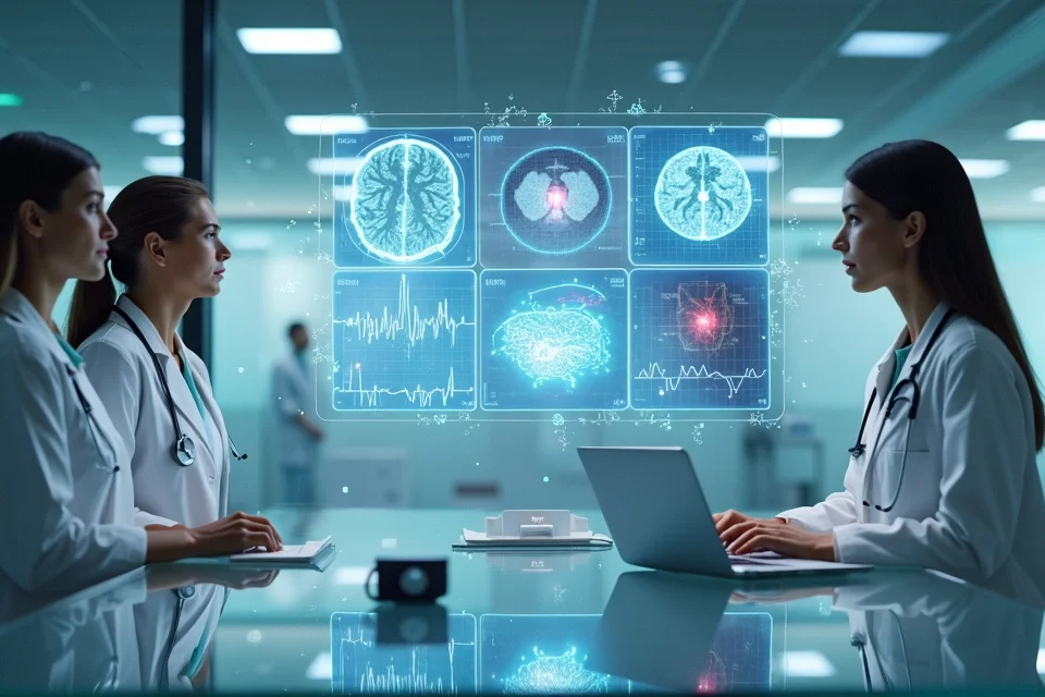 Equipe médica observando tela holográfica com exames analisados por inteligência artificial