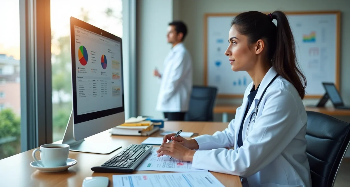 Médica analisando documentos de faturamento da clínica em frente ao computador