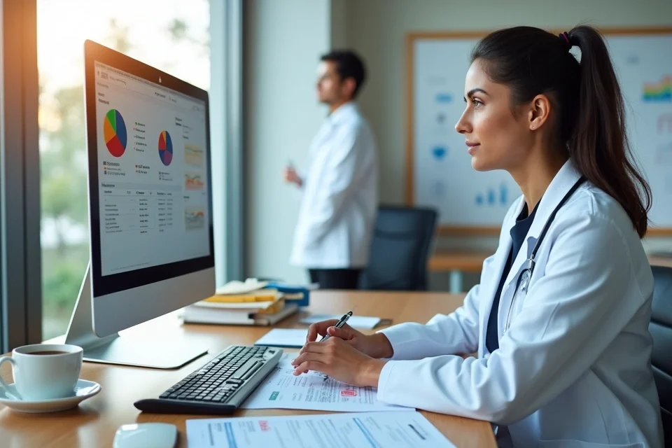 Médica analisando documentos de faturamento da clínica em frente ao computador
