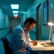 Médico de plantão noturno registrando informações e documentos em sala de descanso