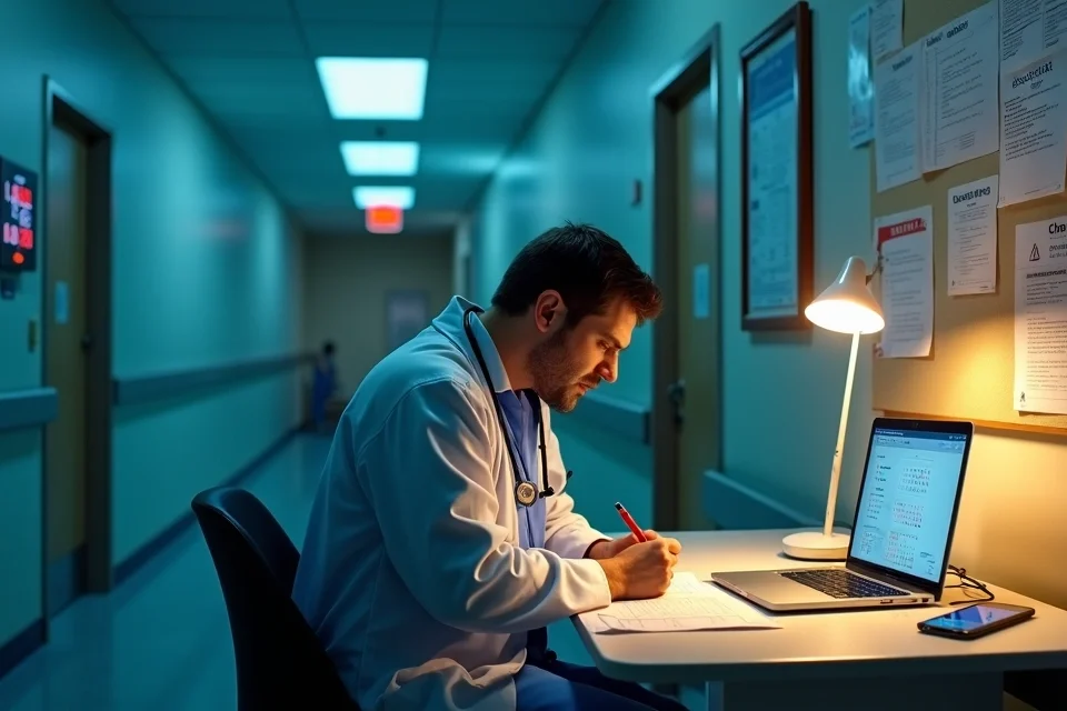 Médico de plantão noturno registrando informações e documentos em sala de descanso