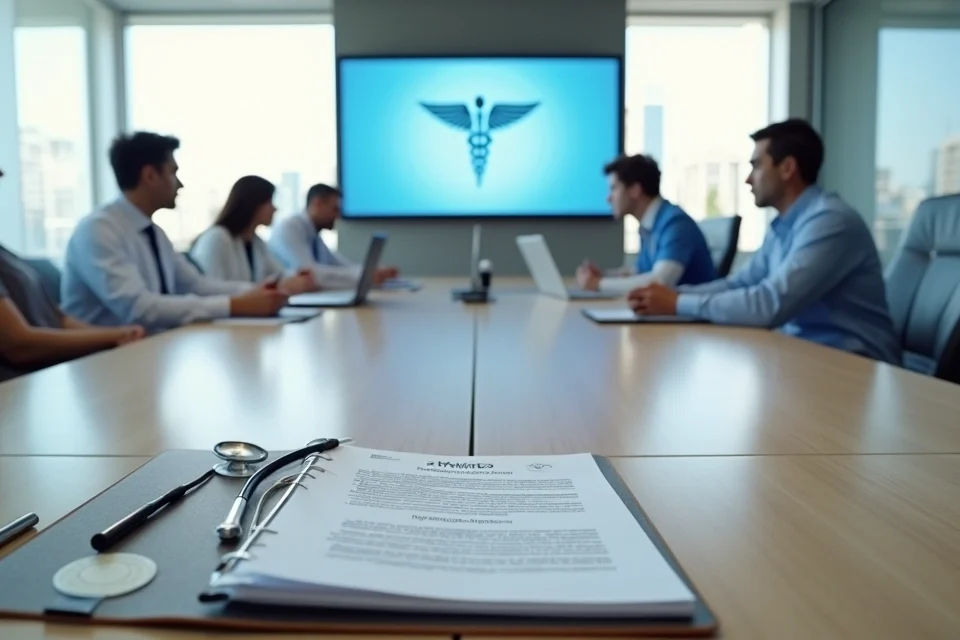 Conselho de médicos em reunião avaliando documentos de clínica médica