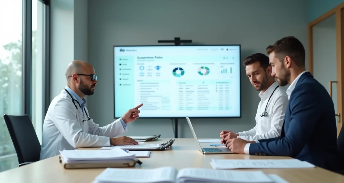 Equipe de clínica médica reunida em sala de reunião revisando documentos para auditoria fiscal
