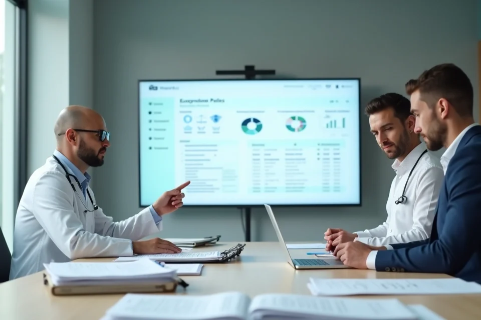Equipe de clínica médica reunida em sala de reunião revisando documentos para auditoria fiscal