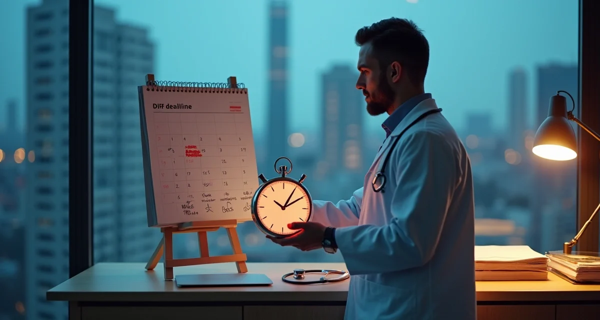 Médico segura cronômetro gigante ao lado de calendário com prazo fiscal destacado