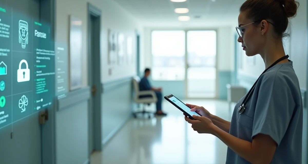 Profissional de saúde usando tablet com prontuário eletrônico em consultório moderno