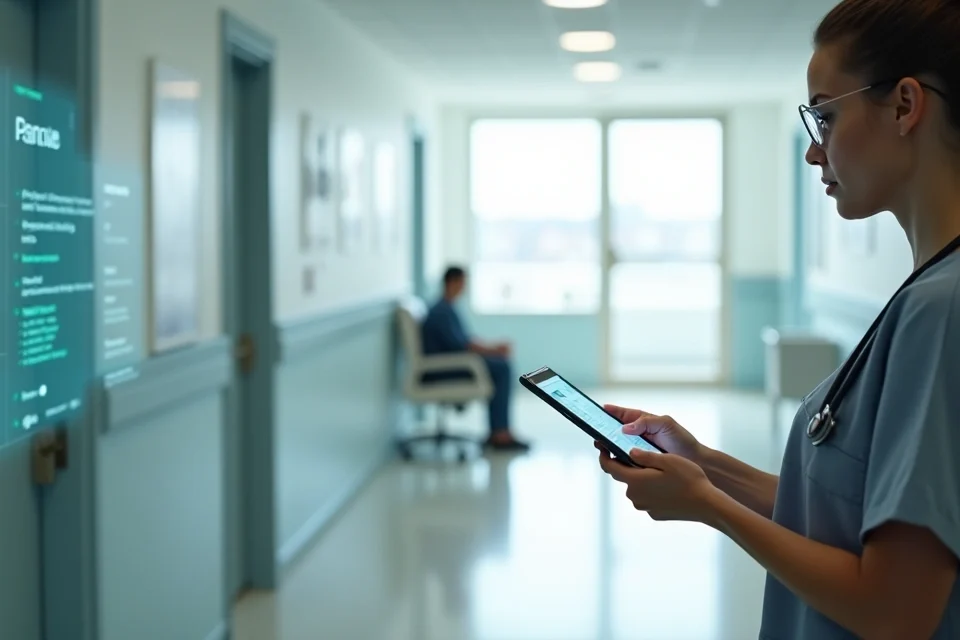 Profissional de saúde usando tablet com prontuário eletrônico em consultório moderno
