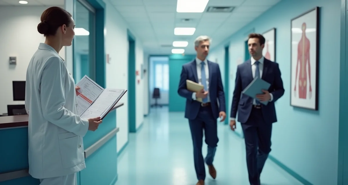 Auditores fiscais caminhando por corredor de clínica médica organizada