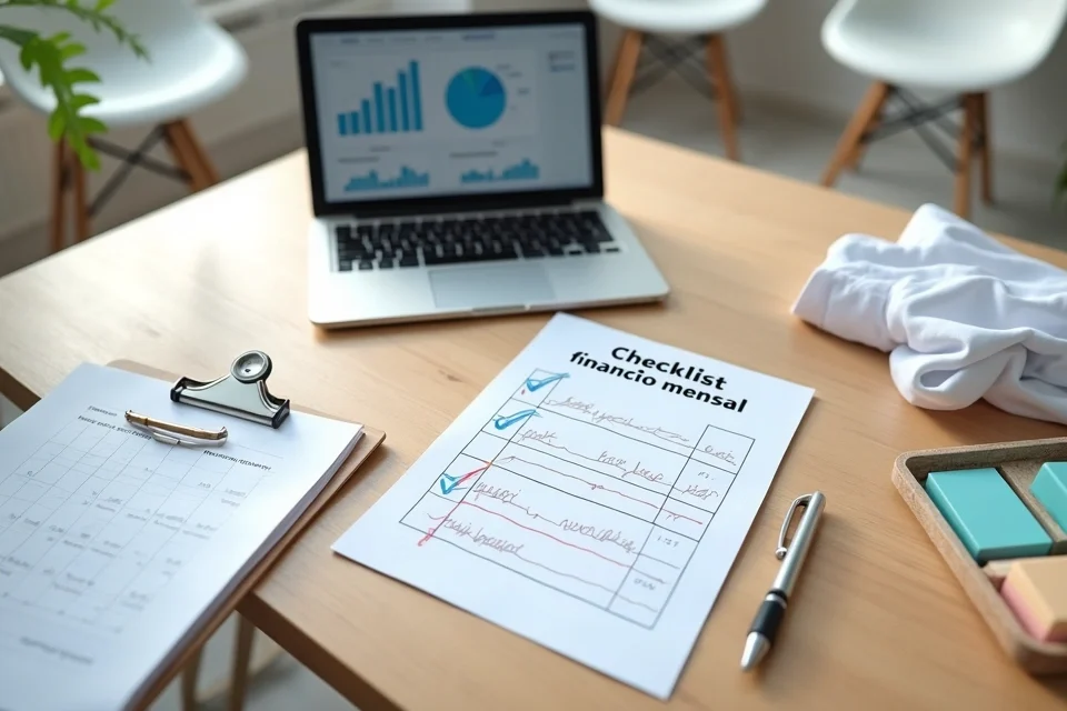 Mesa de clínica pequena com checklist financeiro mensal organizado ao lado de materiais médicos