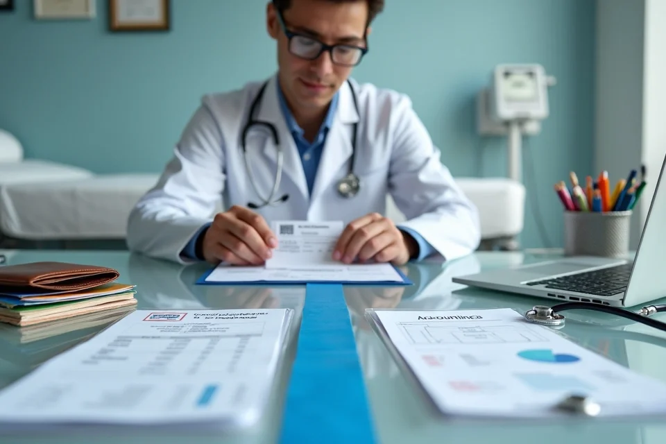 Médico organiza recibos separados em despesas pessoais e da clínica sobre mesa de vidro