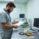 Técnico revisa checklist de manutenção ao lado de equipamentos médicos em clínica