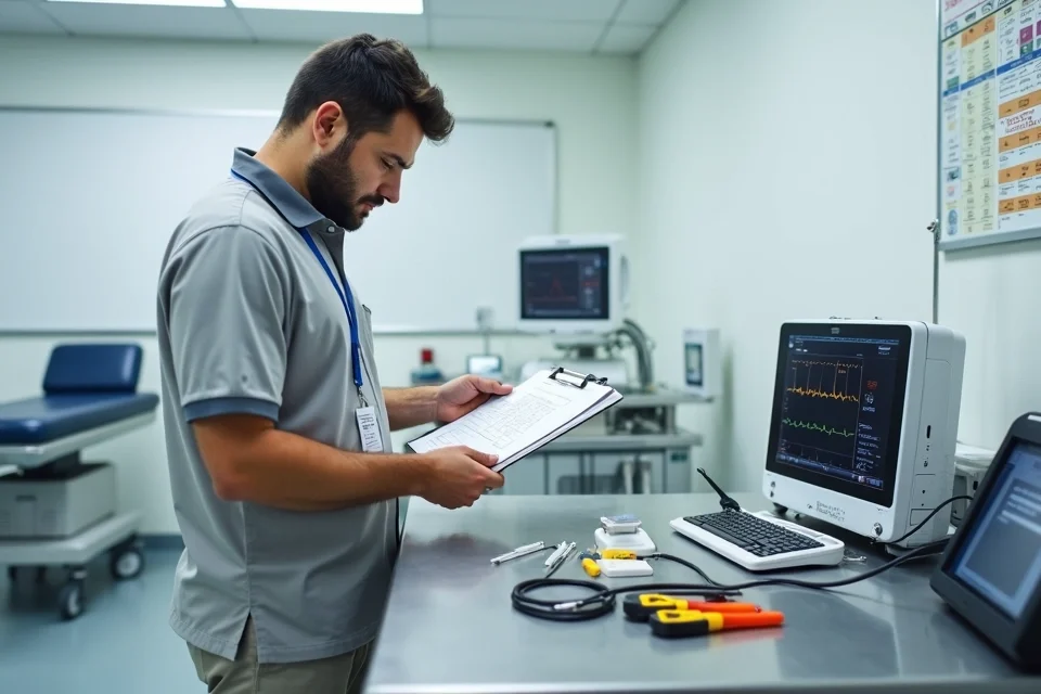 Técnico revisa checklist de manutenção ao lado de equipamentos médicos em clínica