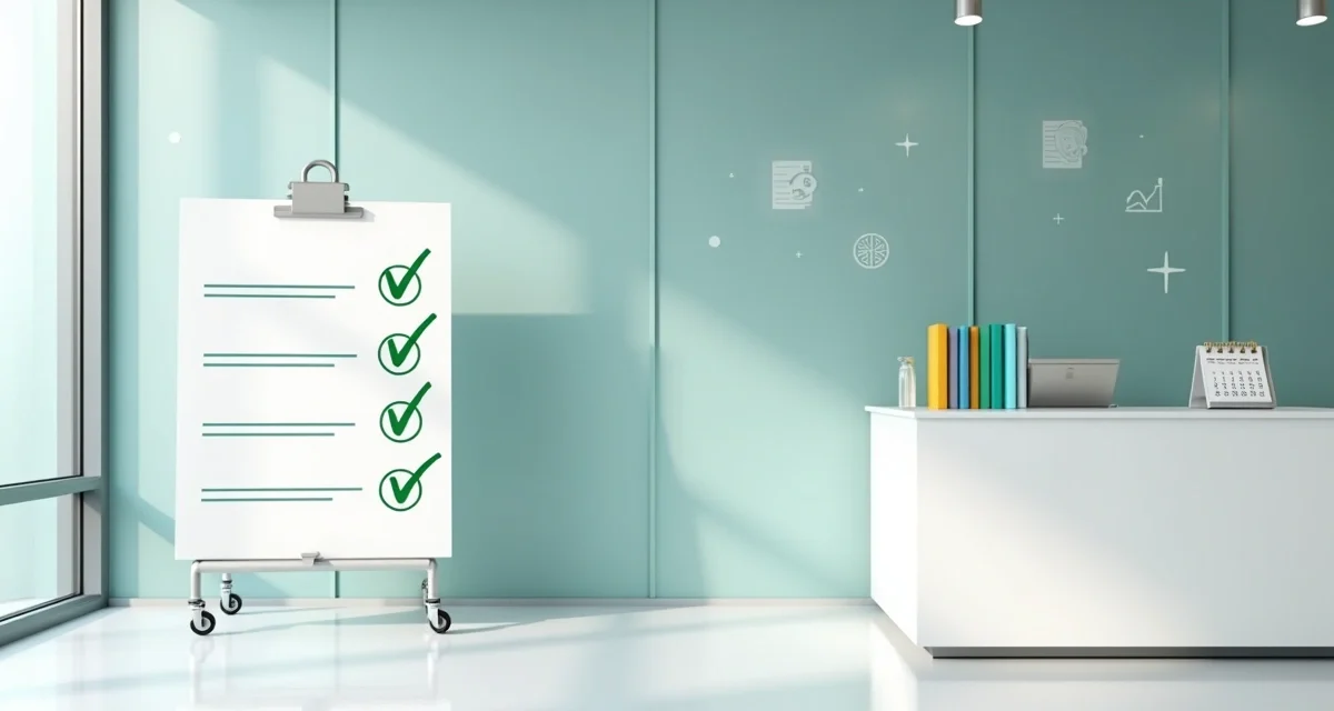 Quadro branco em formato de checklist fiscal ao lado de ícones médicos