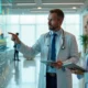 Consultor financeiro explica painel de dados a médica em recepção de clínica
