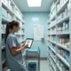Farmacêutica organiza estoque de medicamentos em clínica com planilha digital ao lado