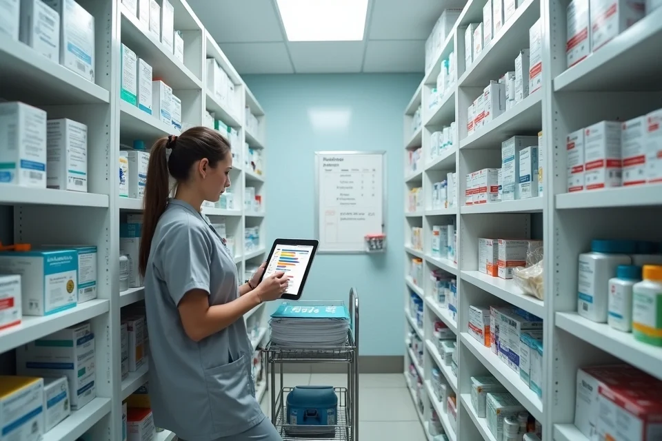Farmacêutica organiza estoque de medicamentos em clínica com planilha digital ao lado