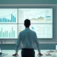 Gestor de clínica analisa dashboards financeiros em sala com elementos médicos ao fundo