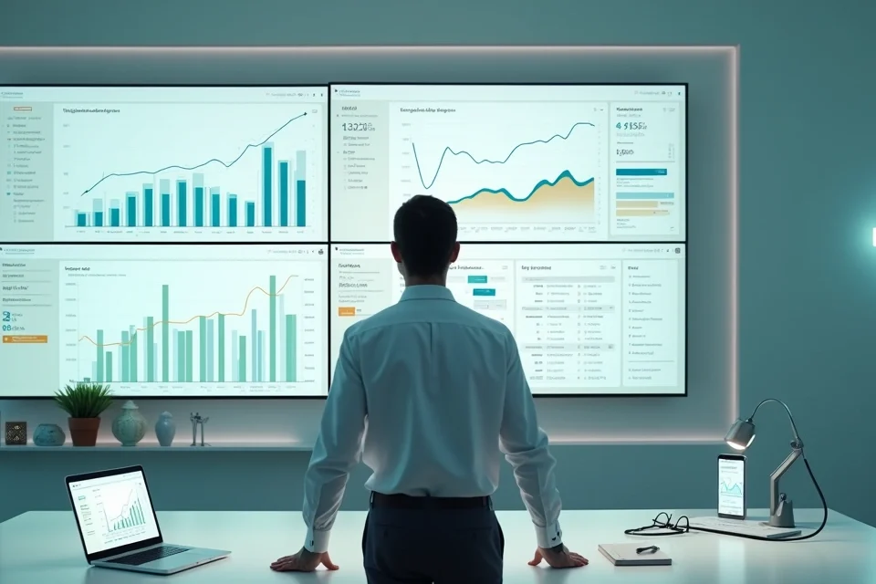 Gestor de clínica analisa dashboards financeiros em sala com elementos médicos ao fundo