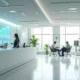 Recepção de clínica médica com painel financeiro sendo monitorado remotamente