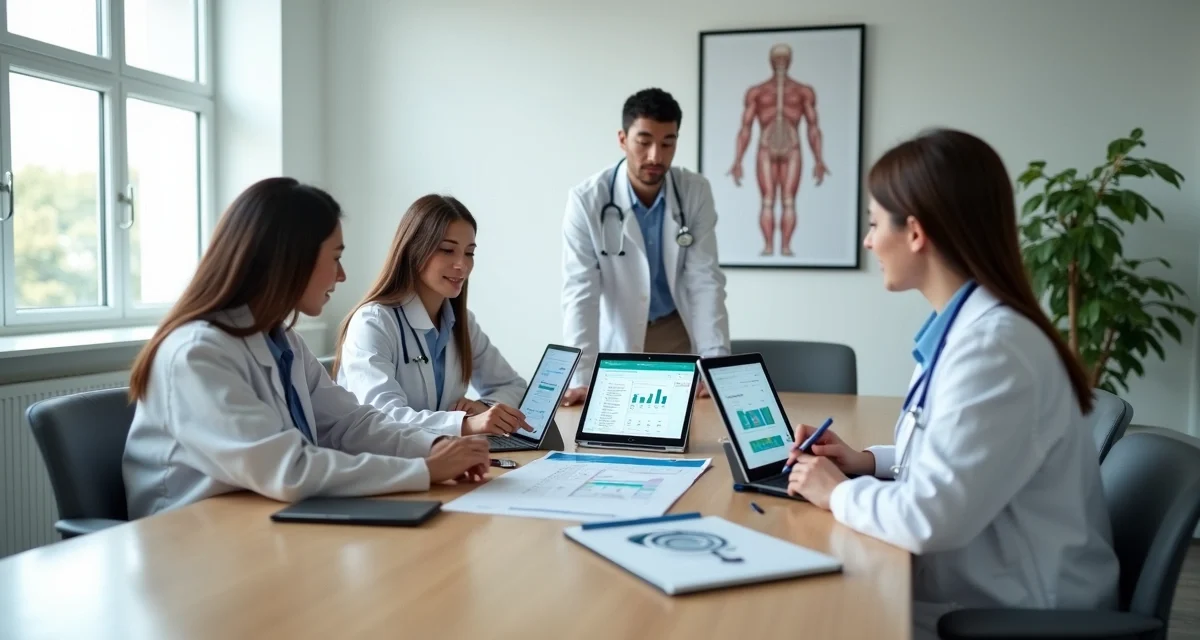 Equipe de clínica médica avalia opções de sistema financeiro em vários tablets e laptops sobre a mesa