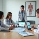 Equipe de clínica médica avalia opções de sistema financeiro em vários tablets e laptops sobre a mesa