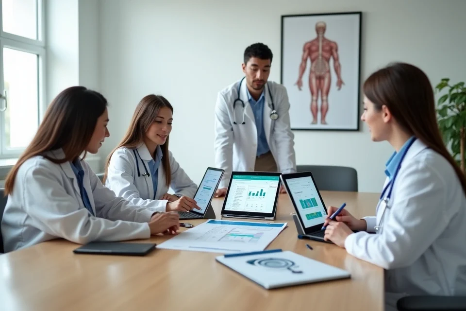 Equipe de clínica médica avalia opções de sistema financeiro em vários tablets e laptops sobre a mesa