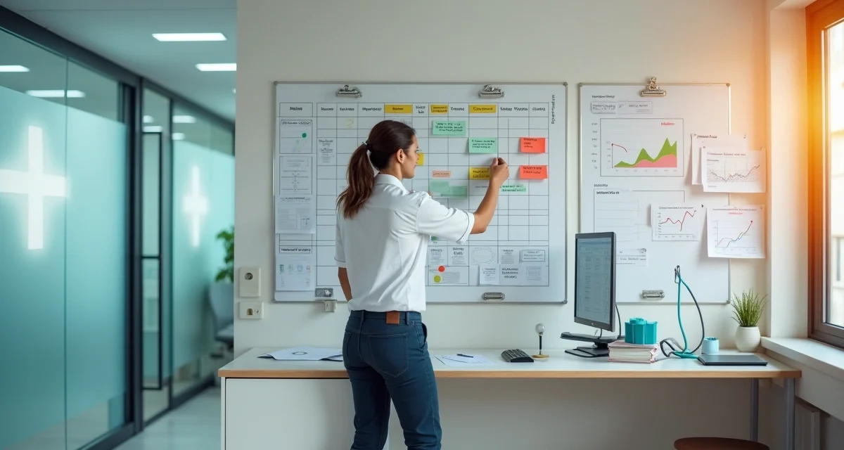 Gestor de clínica médica ajustando calendário de pagamentos em mural com documentos e gráficos