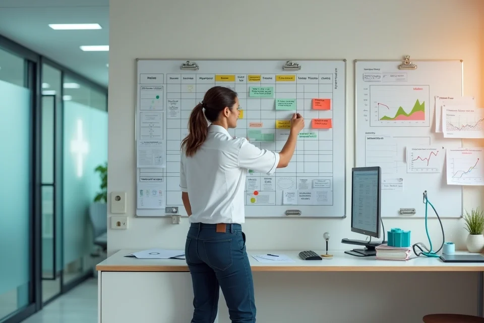 Gestor de clínica médica ajustando calendário de pagamentos em mural com documentos e gráficos