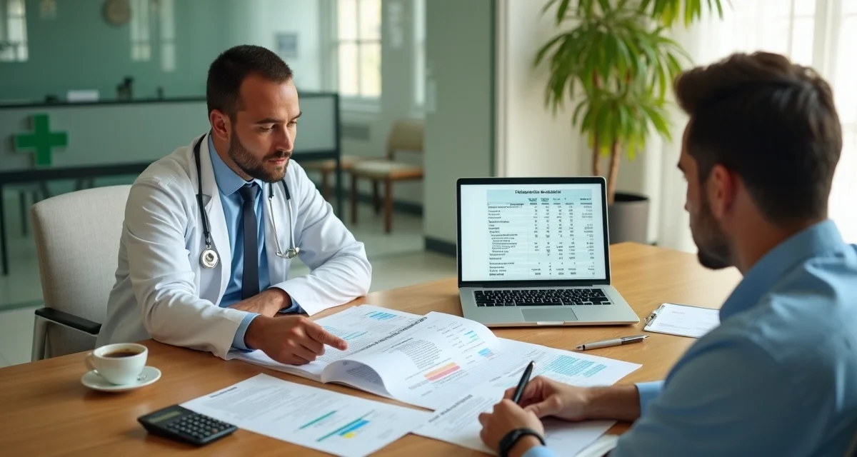 Gestor de clínica médica sentado com contadora analisando opções de renegociação de dívidas fiscais