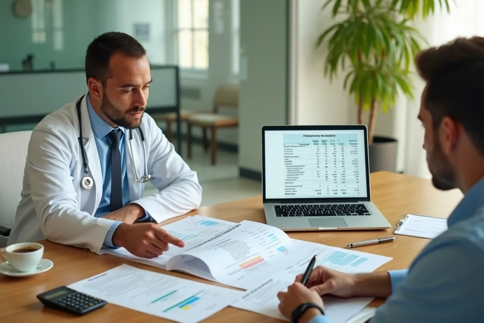 Gestor de clínica médica sentado com contadora analisando opções de renegociação de dívidas fiscais