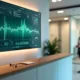 Monitor de clínica em forma de coração exibindo gráficos financeiros em um consultório moderno