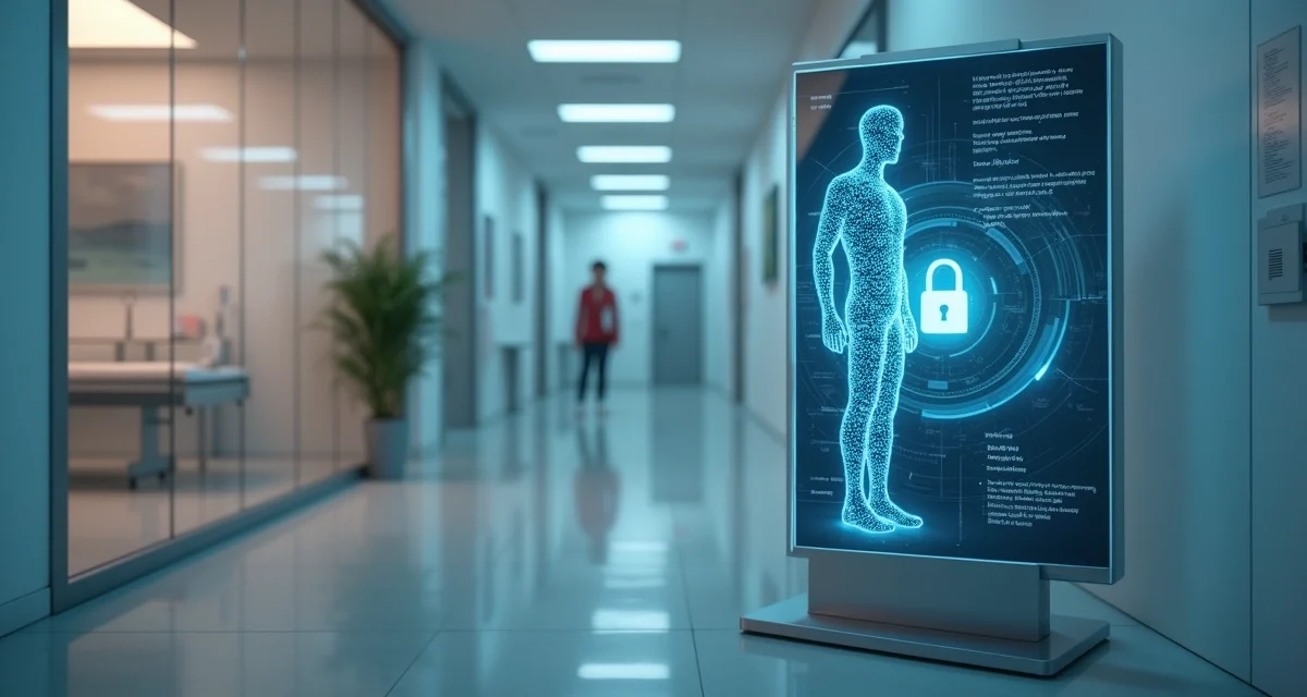 Telão com anatomia humana em pixels protegida por cadeado digital em clínica médica moderna