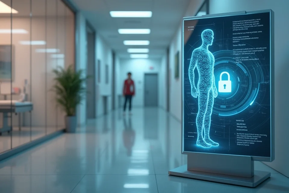 Telão com anatomia humana em pixels protegida por cadeado digital em clínica médica moderna