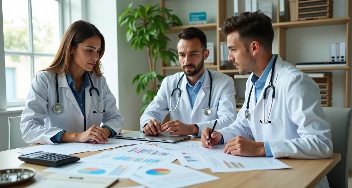 Sócios de clínica médica analisando gráficos financeiros em mesa de reunião