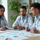 Sócios de clínica médica analisando gráficos financeiros em mesa de reunião