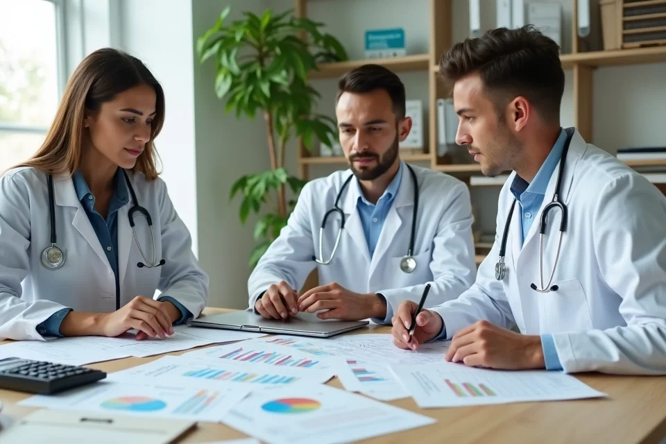 Sócios de clínica médica analisando gráficos financeiros em mesa de reunião