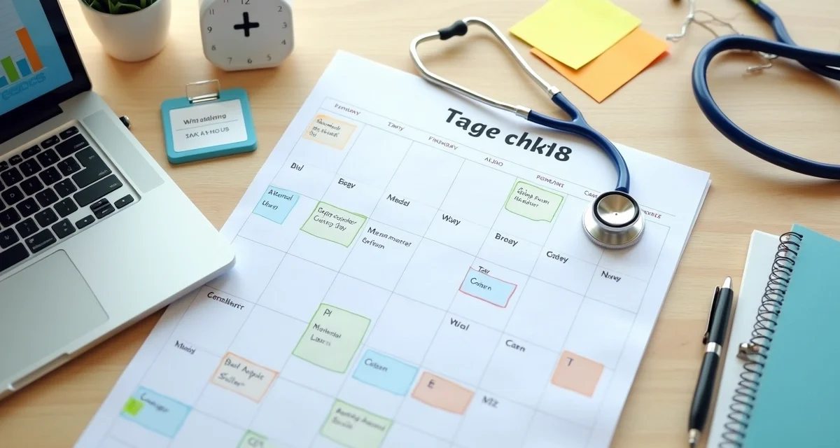 Calendário fiscal médico colorido organizado ao lado de prontuário e laptop