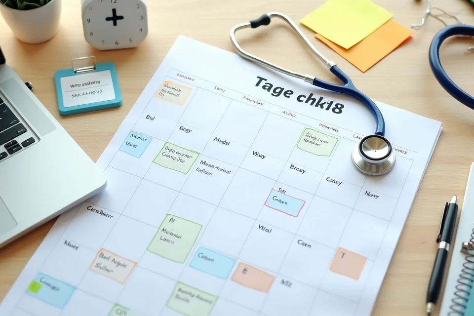 Calendário fiscal médico colorido organizado ao lado de prontuário e laptop