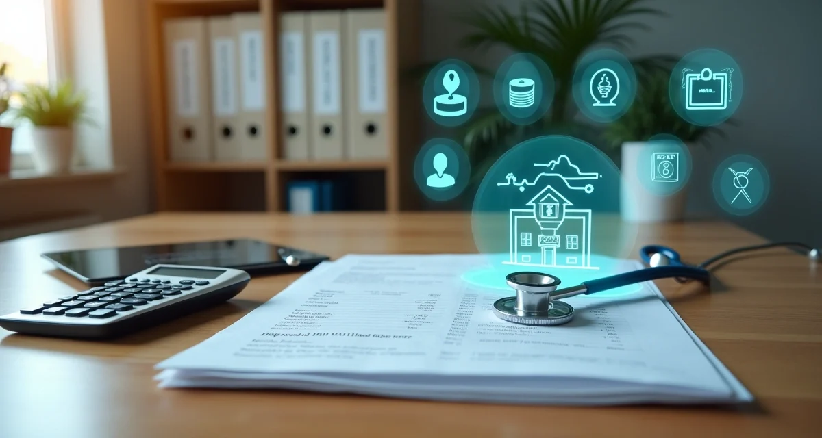 Mesa com documentos previdenciários ao lado de símbolos de clínica médica e calculadora