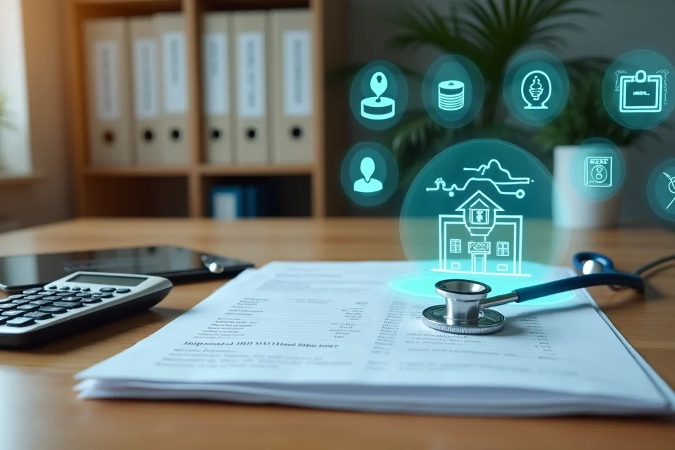Mesa com documentos previdenciários ao lado de símbolos de clínica médica e calculadora