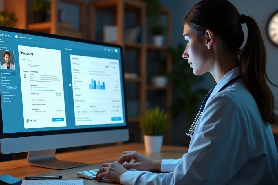 Médica atendendo por telemedicina enquanto organiza receita digital e nota fiscal na tela do computador