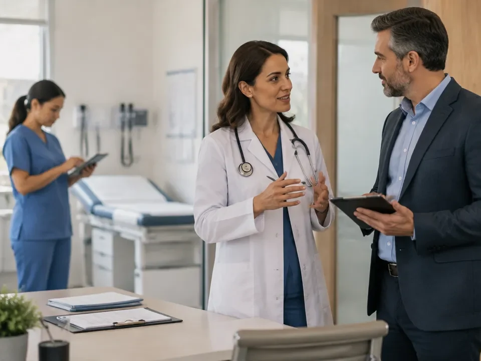Equipe de clínica médica planejando processos seguros e organizados para melhorar a gestão e o atendimento ao paciente