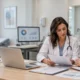 Gestora médica e profissional administrativo revisam documentos e indicadores em uma clínica
