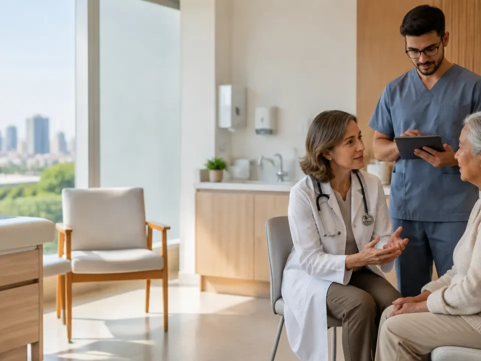Médica conversa com paciente idosa em clínica moderna, com prontuário digital ao alcance da equipe